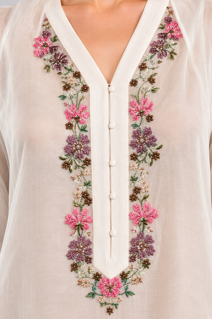 Ivory Draped Dress With Embroidered Neckline And Sheer Overlay Jacket.