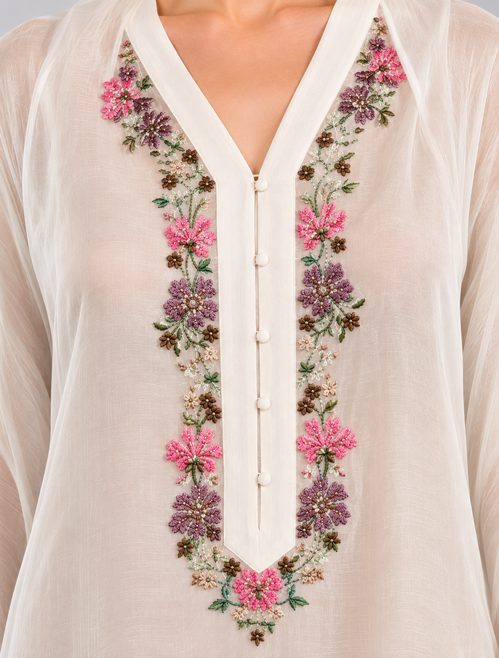 Ivory Draped Dress With Embroidered Neckline And Sheer Overlay Jacket.
