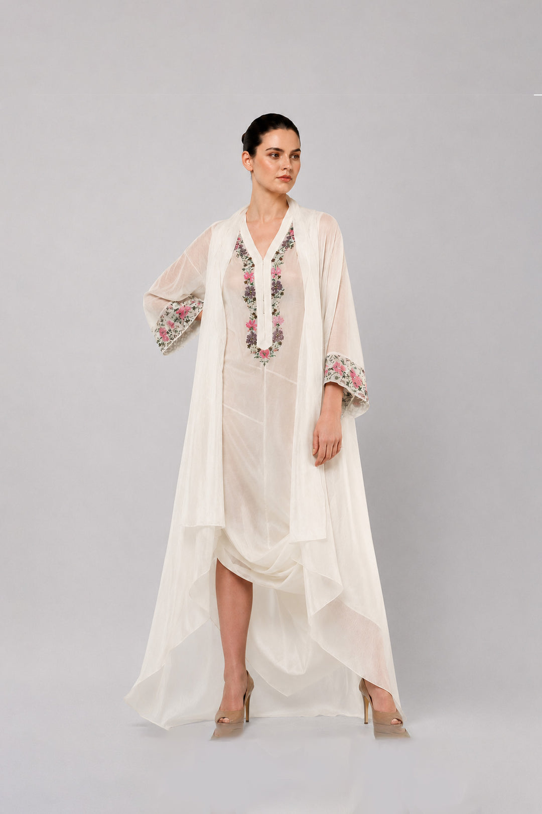 Ivory Draped Dress With Embroidered Neckline And Sheer Overlay Jacket.