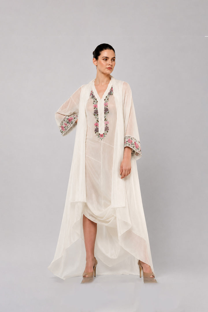 Ivory Draped Dress With Embroidered Neckline And Sheer Overlay Jacket.