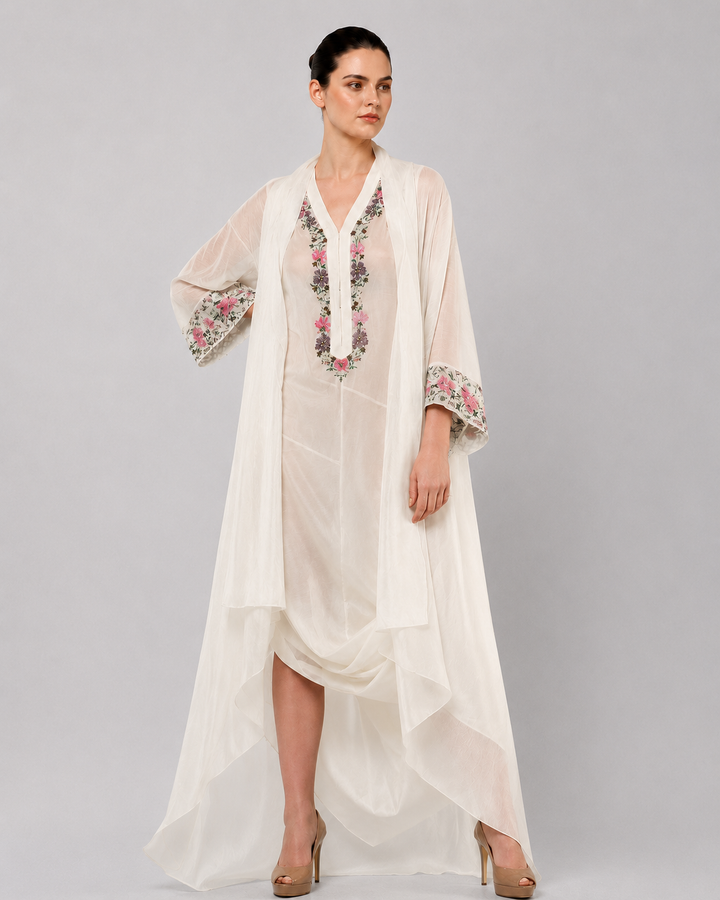Ivory Draped Dress With Embroidered Neckline And Sheer Overlay Jacket.