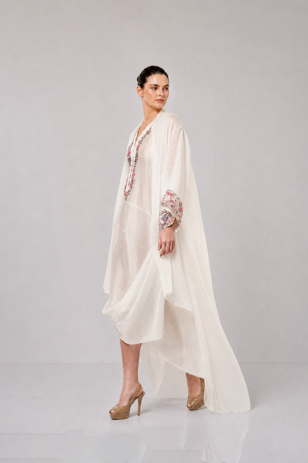 Ivory Draped Dress With Embroidered Neckline And Sheer Overlay Jacket.
