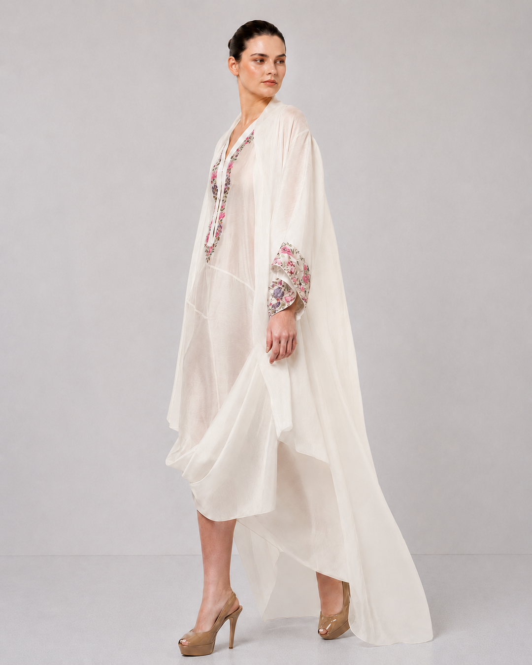 Ivory Draped Dress With Embroidered Neckline And Sheer Overlay Jacket.