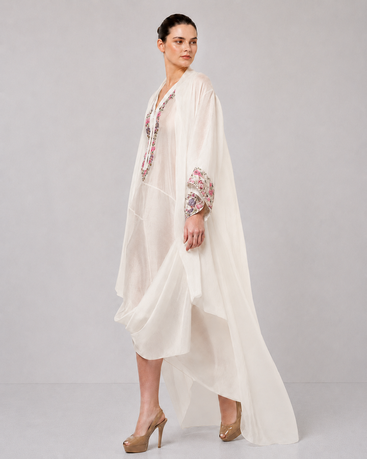 Ivory Draped Dress With Embroidered Neckline And Sheer Overlay Jacket.