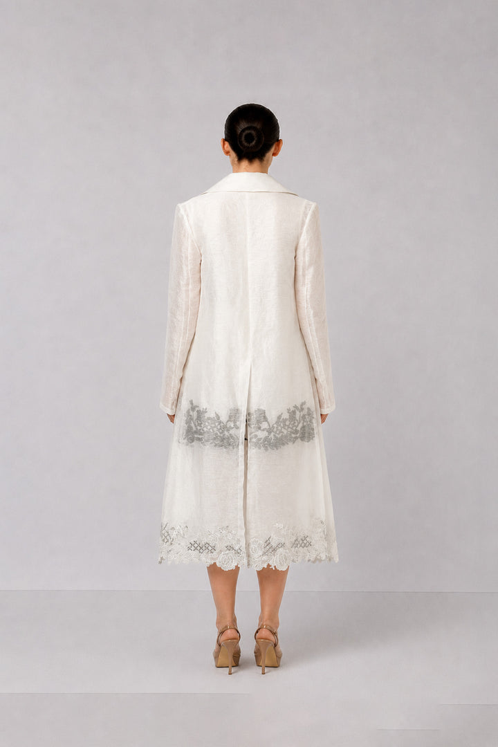 Ivory Layered Dress With Sheer Longline Overlay And Floral Applique Accents.