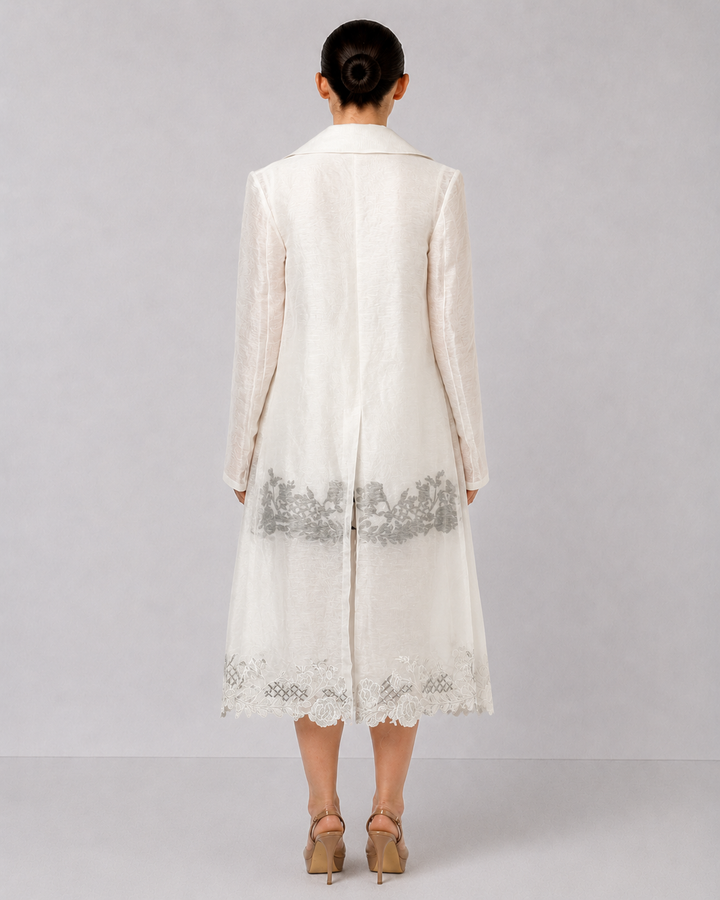Ivory Layered Dress With Sheer Longline Overlay And Floral Applique Accents.