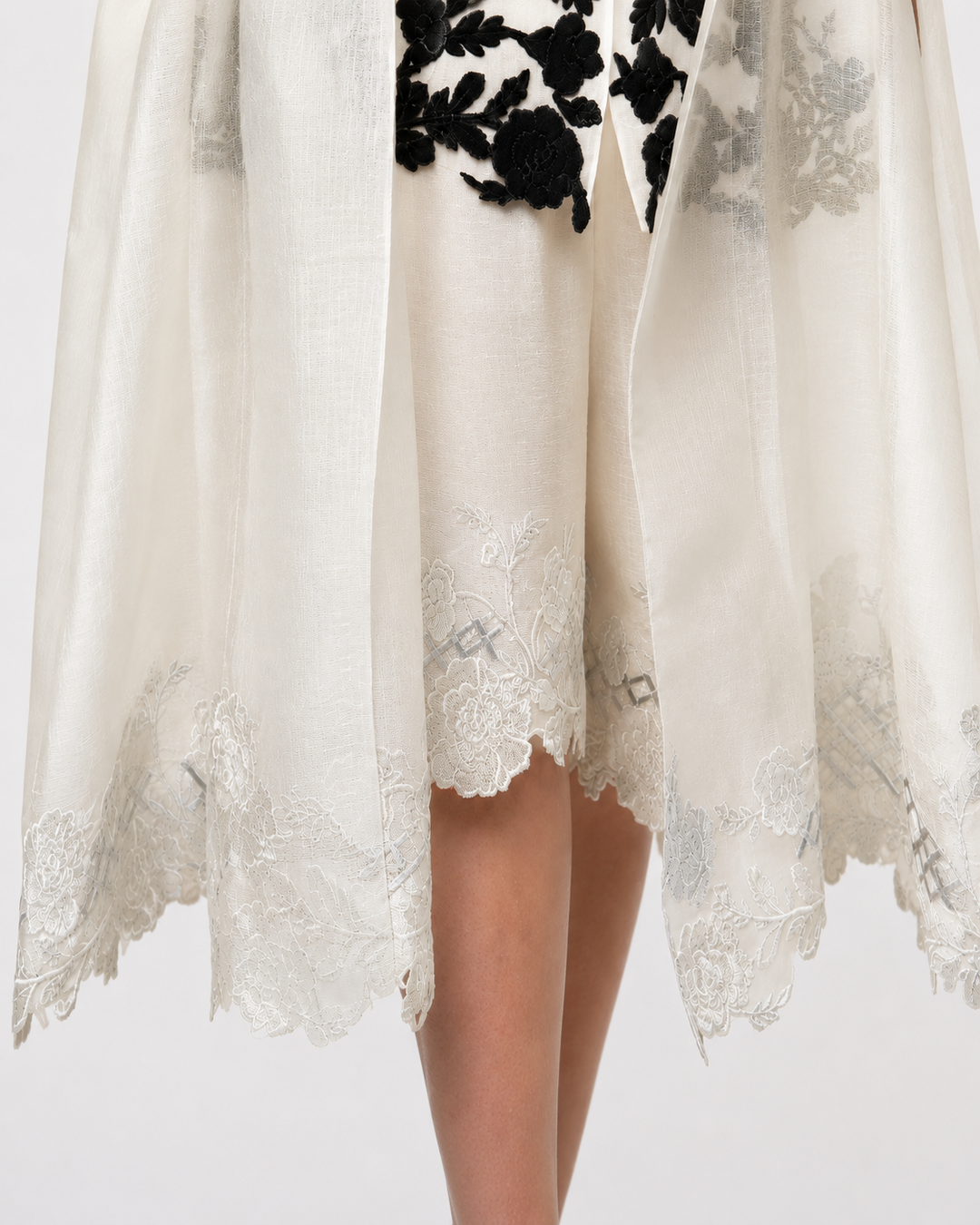 Ivory Layered Dress With Sheer Longline Overlay And Floral Applique Accents.