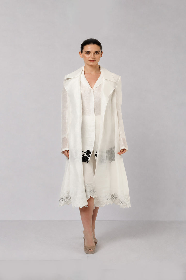 Ivory Layered Dress With Sheer Longline Overlay And Floral Applique Accents.