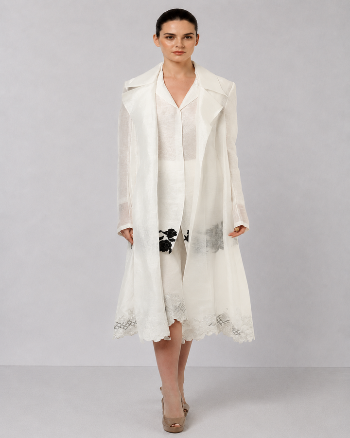 Ivory Layered Dress With Sheer Longline Overlay And Floral Applique Accents.