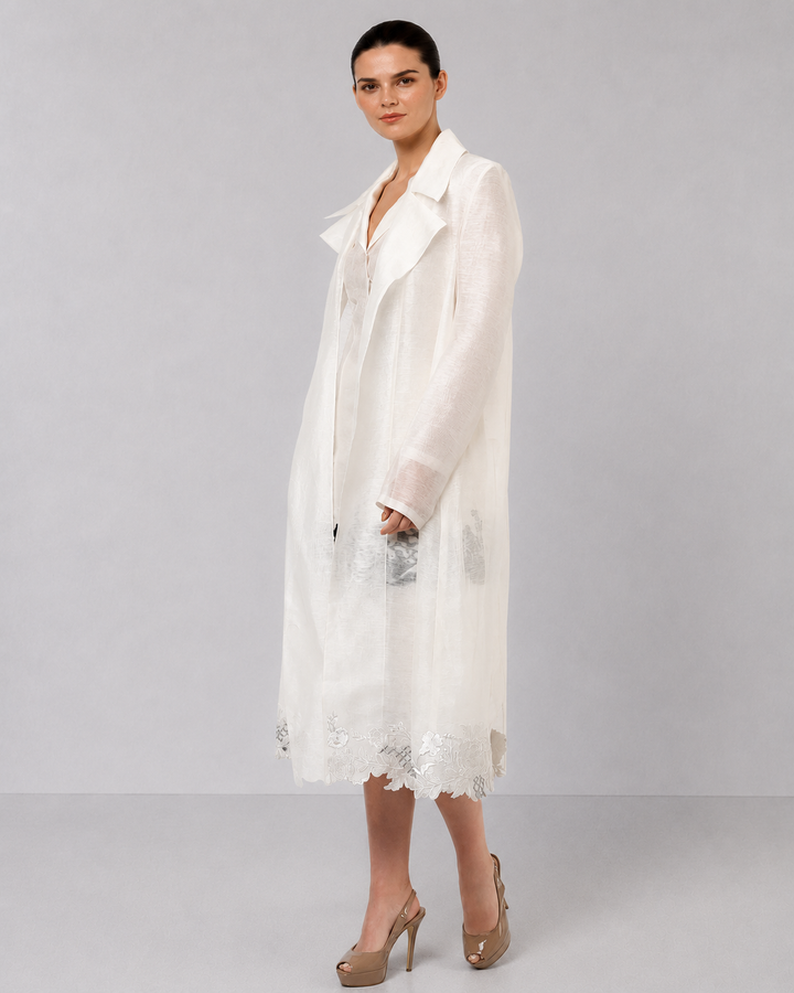 Ivory Layered Dress With Sheer Longline Overlay And Floral Applique Accents.