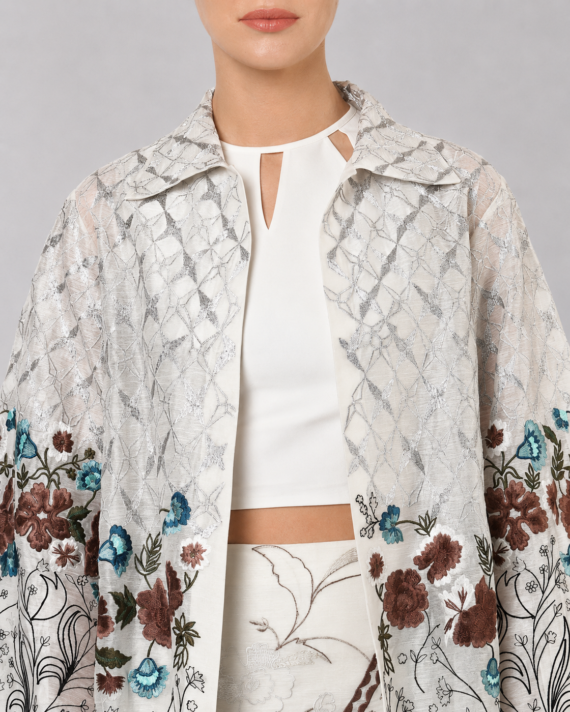 Crop Top, Embroidered Skirt & Long Jacket