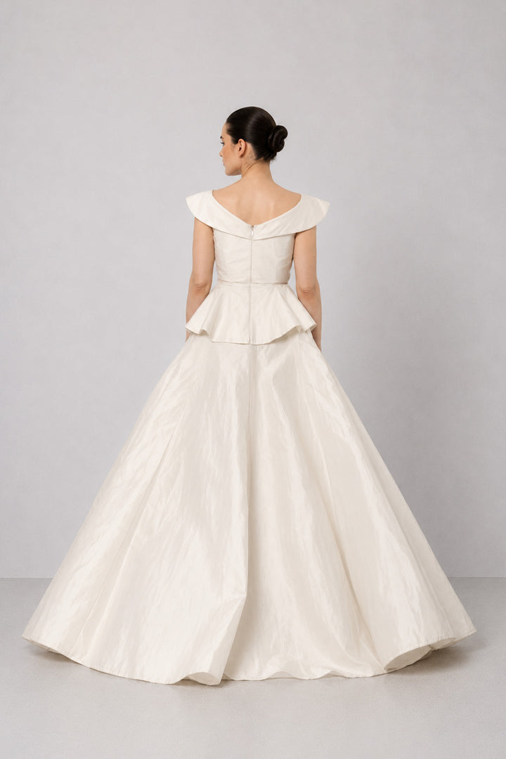 Ivory Floral Embroidered Peplum Gown With An Off-Shoulder Neckline And Voluminous Drape.