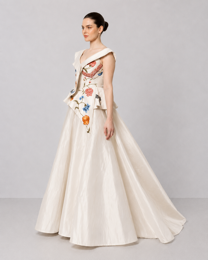 Ivory Floral Embroidered Peplum Gown With An Off-Shoulder Neckline And Voluminous Drape.