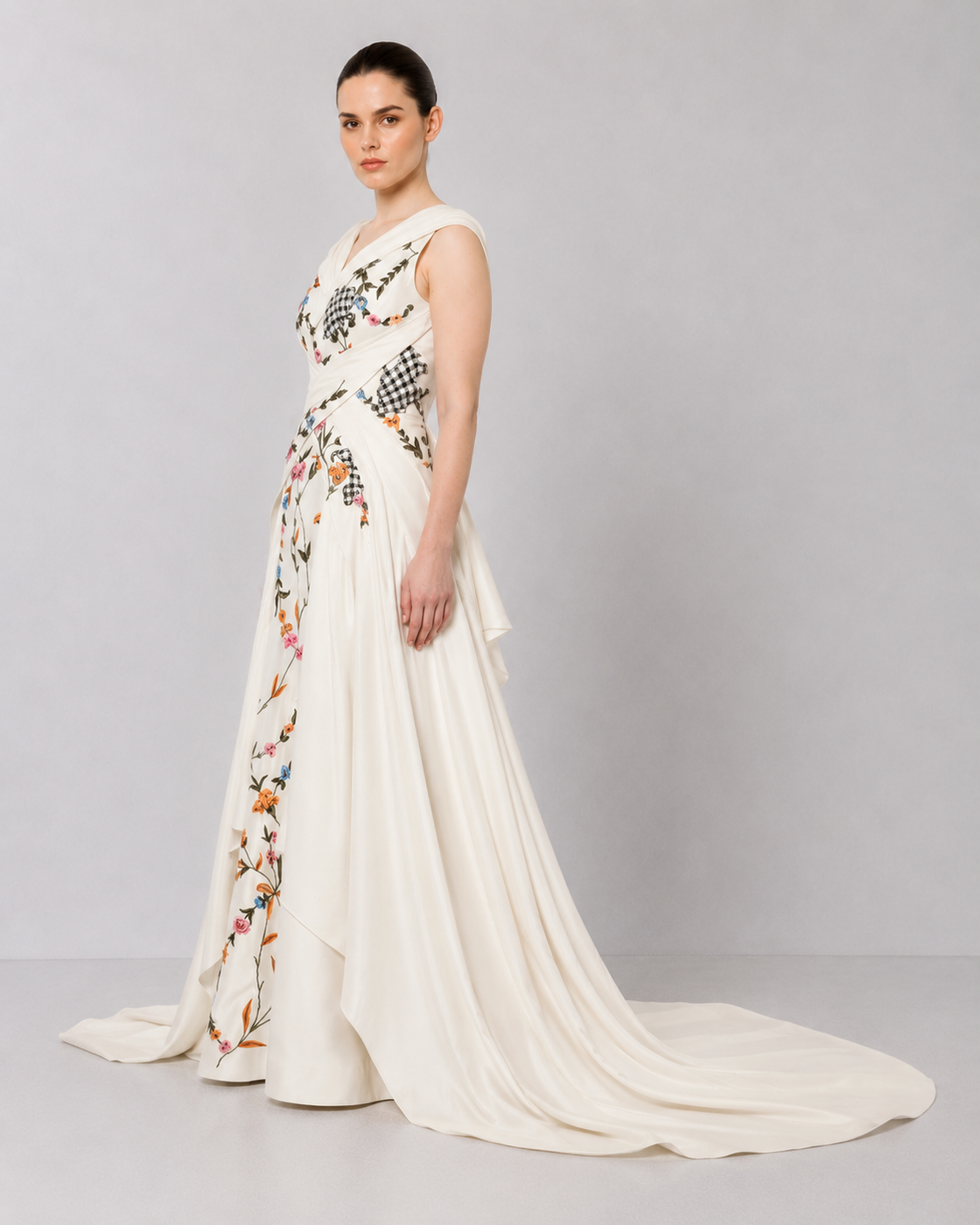 Ivory Pleated Embroidered Gown