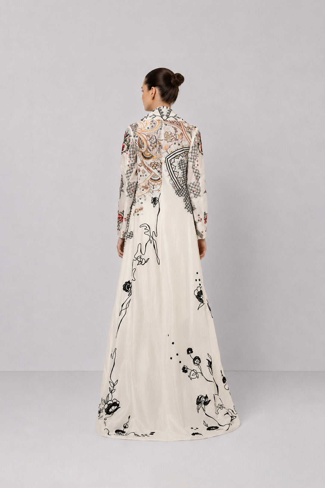 Ivory Draped Dress With Cascading Ruffle Hem And Artistic Embroidered Overcoat.