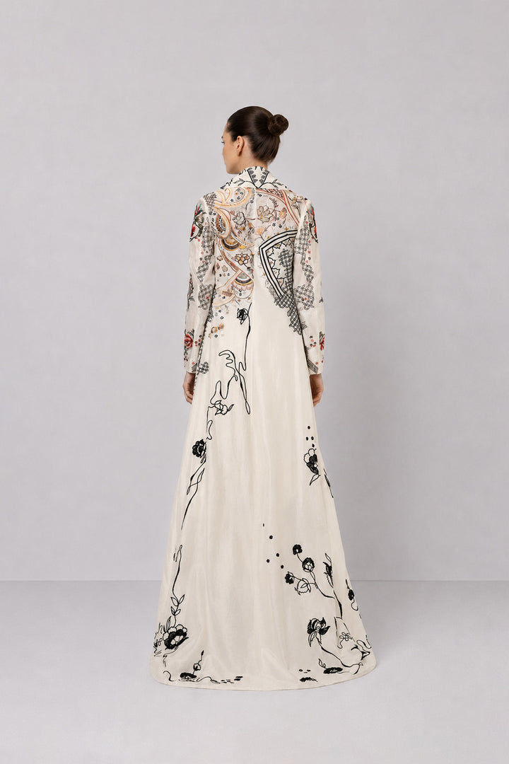 Ivory Draped Dress With Cascading Ruffle Hem And Artistic Embroidered Overcoat.