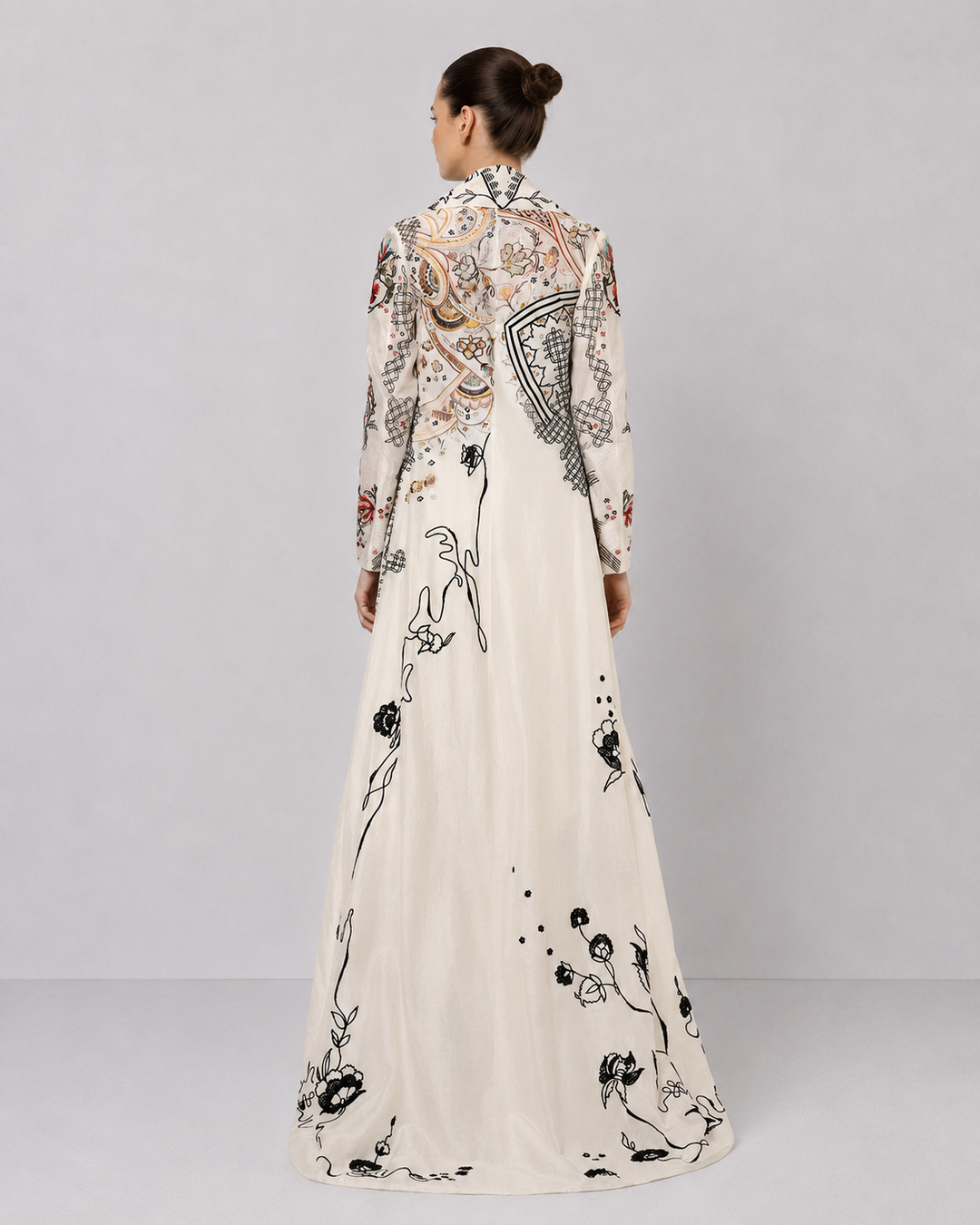 Ivory Draped Dress With Cascading Ruffle Hem And Artistic Embroidered Overcoat.