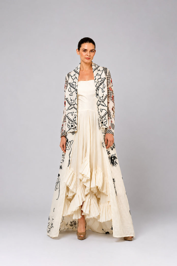 Ivory Draped Dress With Cascading Ruffle Hem And Artistic Embroidered Overcoat.