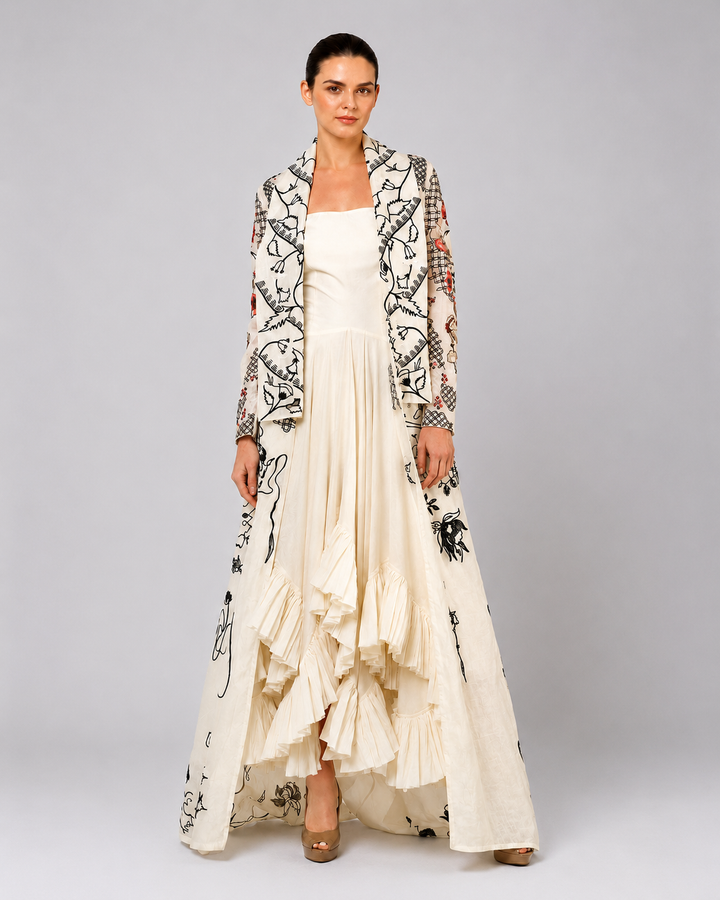 Ivory Draped Dress With Cascading Ruffle Hem And Artistic Embroidered Overcoat.