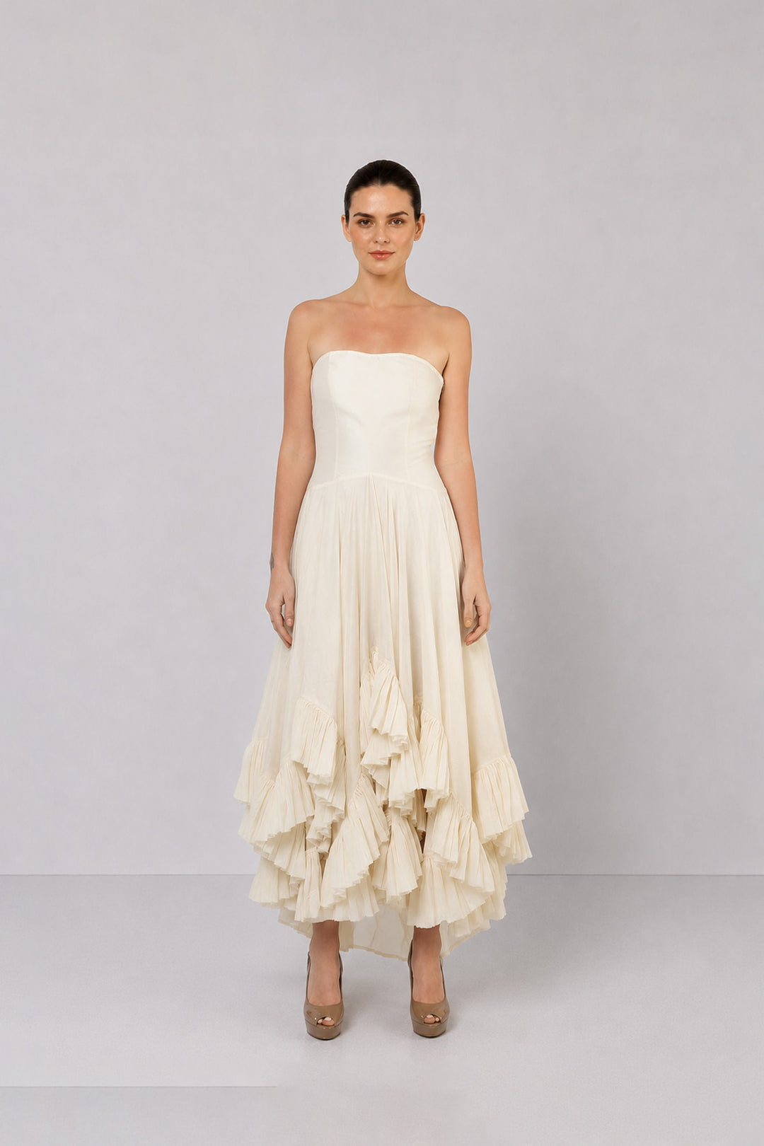 Ivory Draped Dress With Cascading Ruffle Hem And Artistic Embroidered Overcoat.