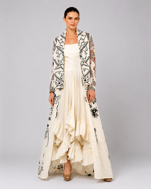 Ruffle Dress & Embroidered Long Jacket