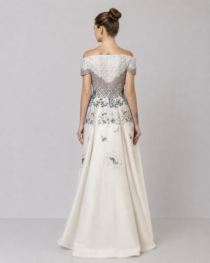 Ivory Off-Shoulder Dress With Embroidered Bodice And Dramatic High-Low Hem.