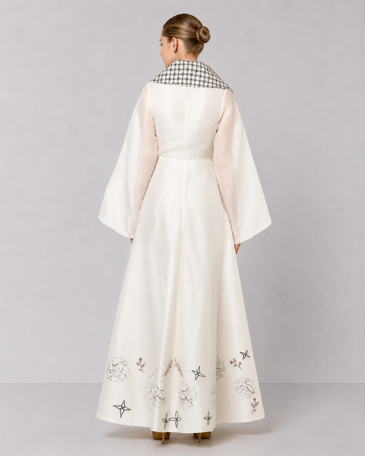 Ivory Wrap Gown With Statement Embroidered Collar And Sheer Bell Sleeves.
