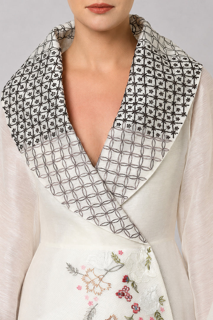 Ivory Wrap Gown With Statement Embroidered Collar And Sheer Bell Sleeves.