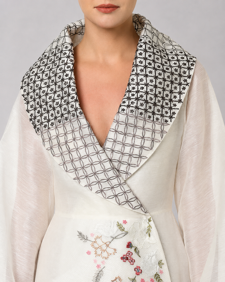 Ivory Wrap Gown With Statement Embroidered Collar And Sheer Bell Sleeves.