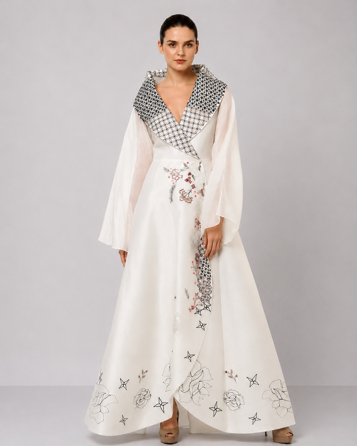Ivory Wrap Gown With Statement Embroidered Collar And Sheer Bell Sleeves.