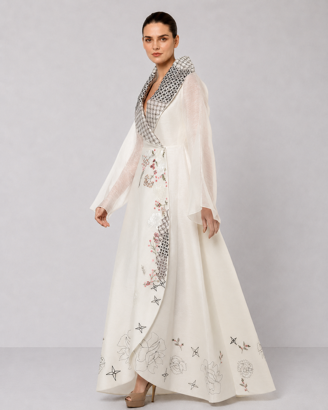 Ivory Wrap Gown With Statement Embroidered Collar And Sheer Bell Sleeves.