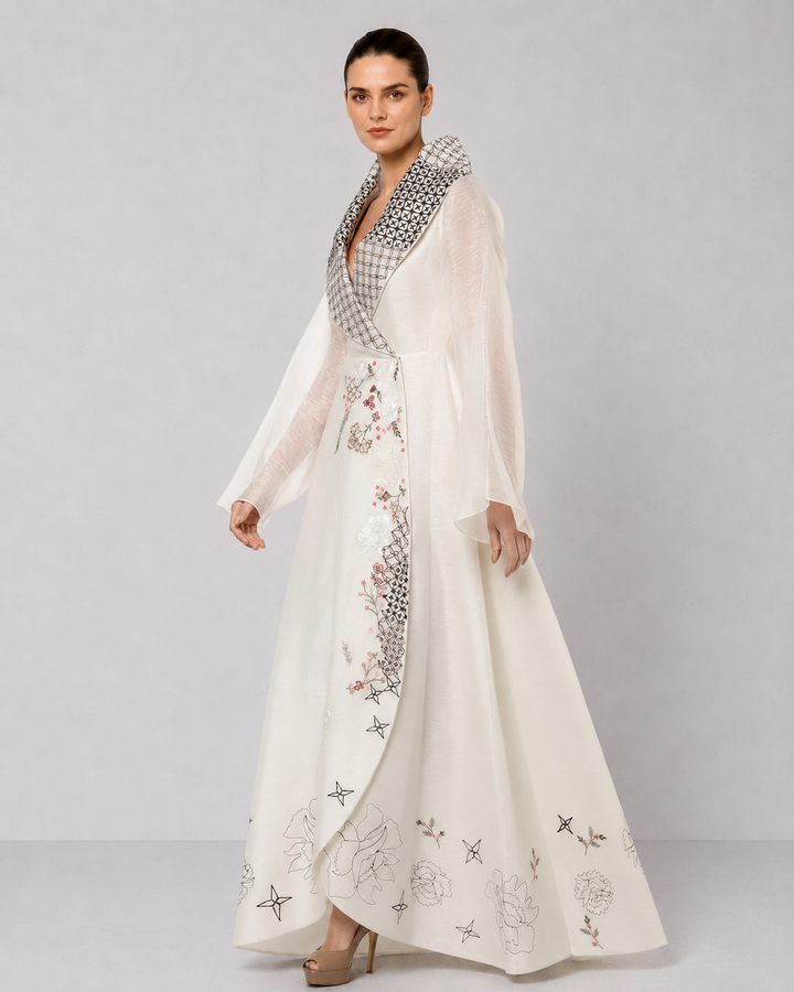 Ivory Wrap Gown With Statement Embroidered Collar And Sheer Bell Sleeves.