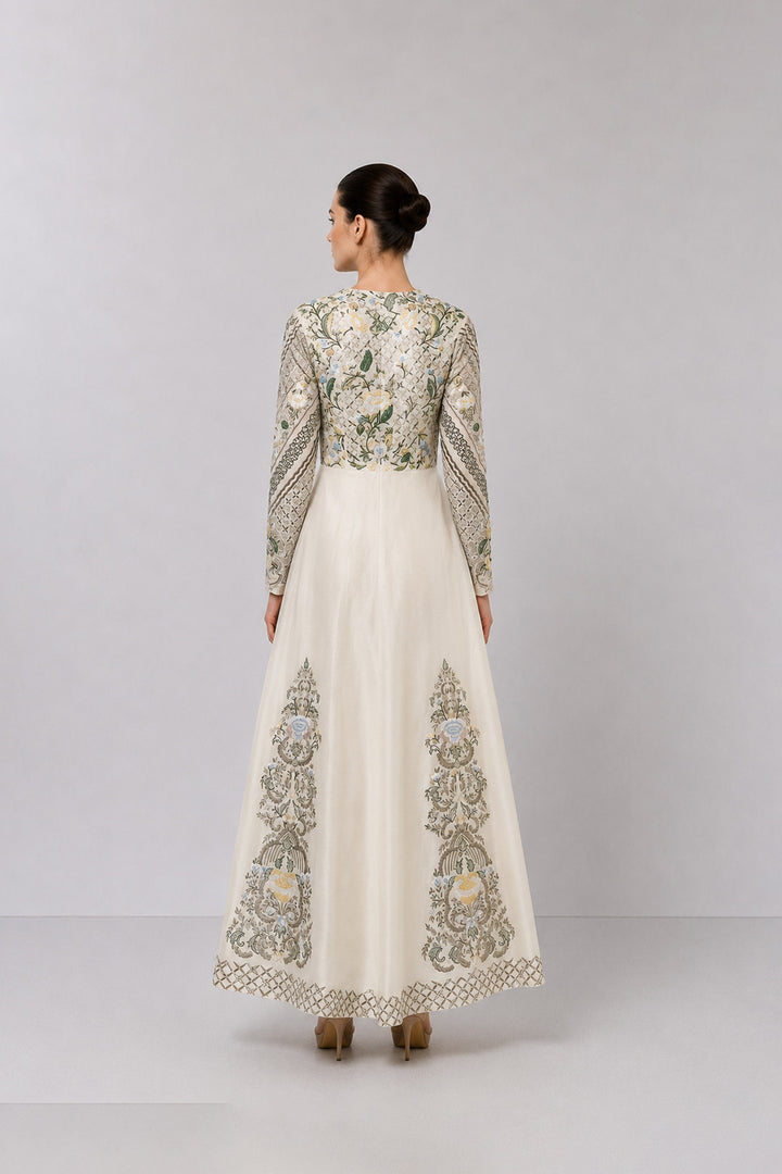 Ivory Embroidered Gown With Pastel Floral Motifs And Elegant V-Neckline.