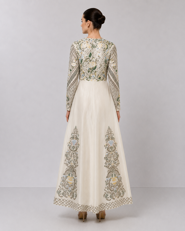 Ivory Embroidered Gown With Pastel Floral Motifs And Elegant V-Neckline.