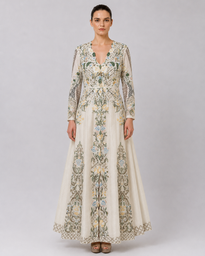 Ivory Embroidered Gown With Pastel Floral Motifs And Elegant V-Neckline.