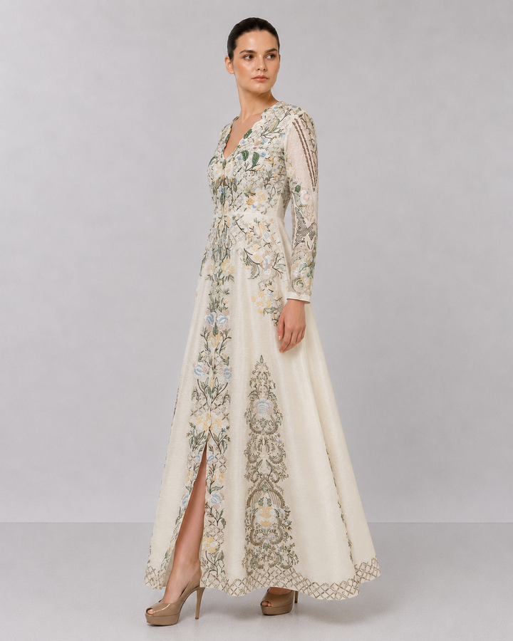 Ivory Embroidered Gown With Pastel Floral Motifs And Elegant V-Neckline.