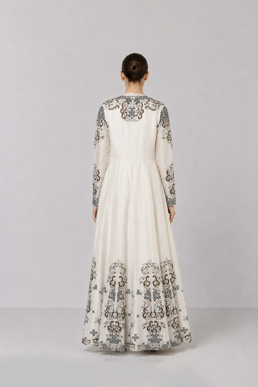 Ivory Embroidered Draped Dress With Longline Jacket And Contemporary Floral Motifs.