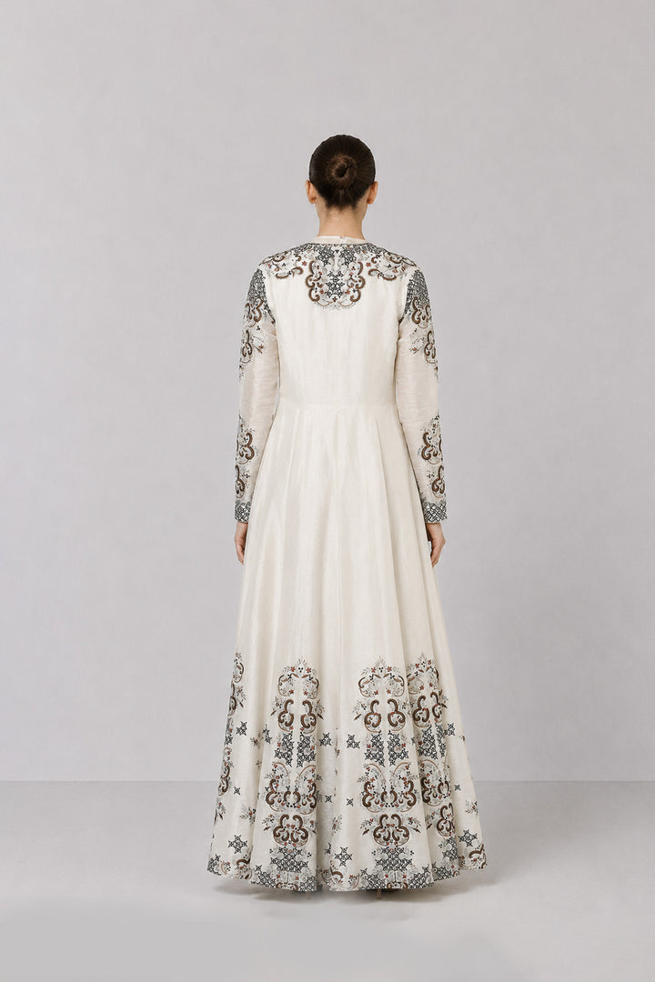 Ivory Embroidered Draped Dress With Longline Jacket And Contemporary Floral Motifs.
