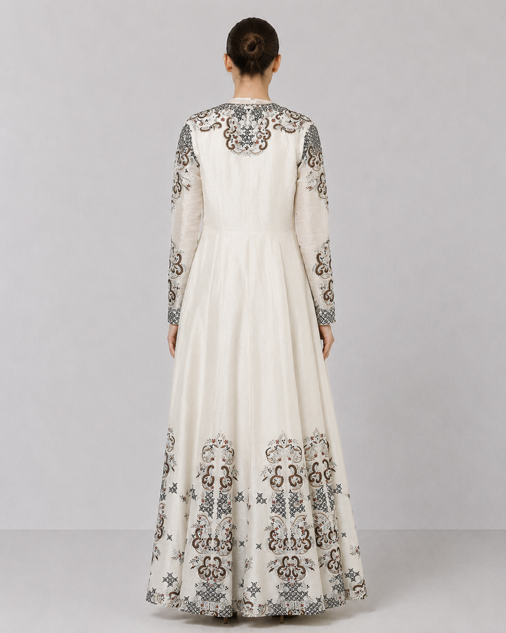 Ivory Embroidered Draped Dress With Longline Jacket And Contemporary Floral Motifs.