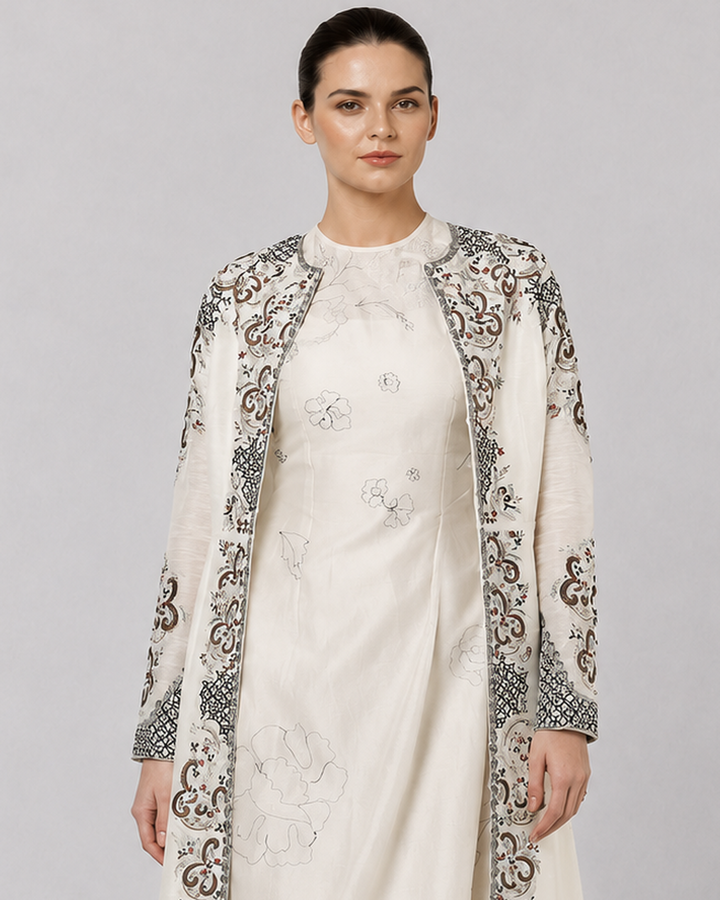 Ivory Embroidered Draped Dress With Longline Jacket And Contemporary Floral Motifs.