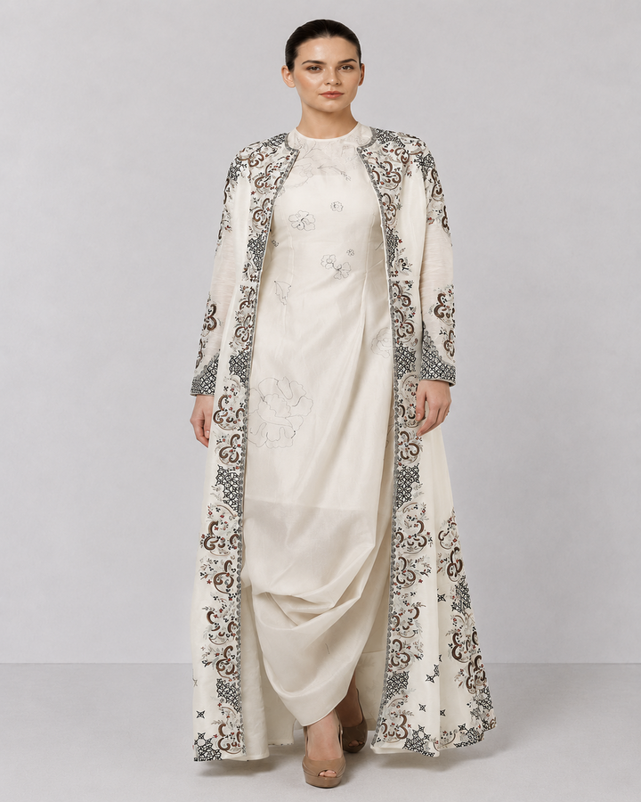 Ivory Embroidered Draped Dress With Longline Jacket And Contemporary Floral Motifs.