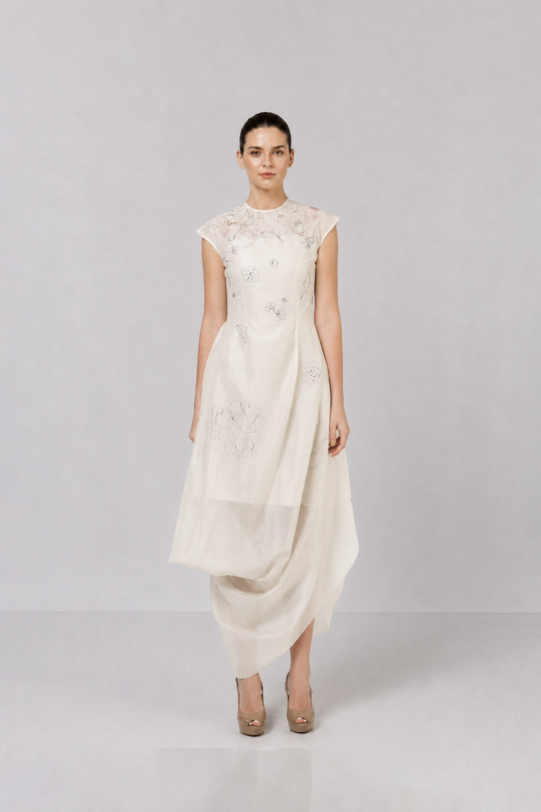 Ivory Embroidered Draped Dress With Longline Jacket And Contemporary Floral Motifs.