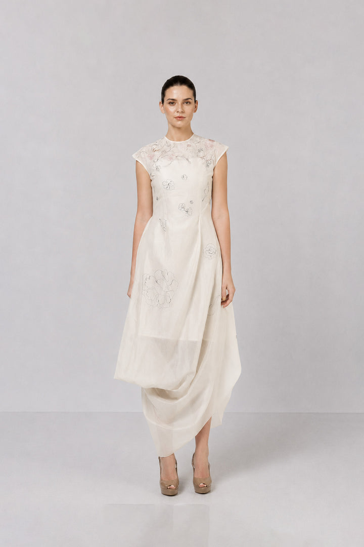 Ivory Embroidered Draped Dress With Longline Jacket And Contemporary Floral Motifs.