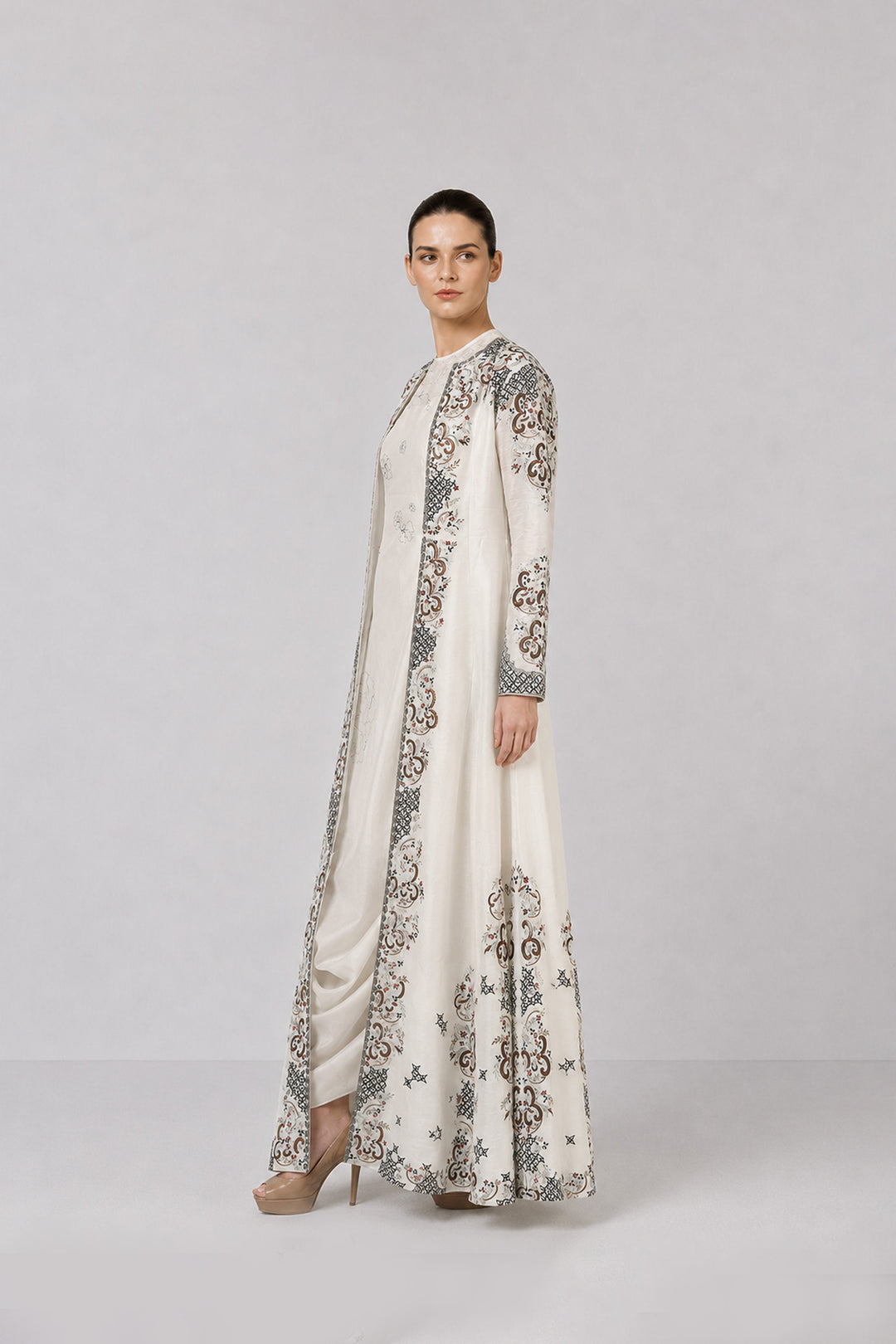 Ivory Embroidered Draped Dress With Longline Jacket And Contemporary Floral Motifs.