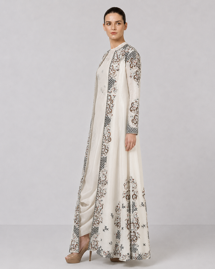 Ivory Embroidered Draped Dress With Longline Jacket And Contemporary Floral Motifs.