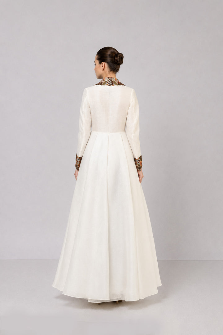 Ivory A-Line Gown With Embroidered Lapel Collar And Statement Cuffs.