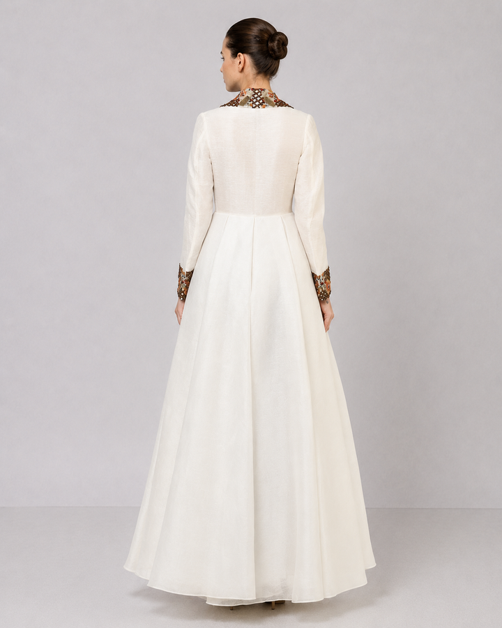 Ivory A-Line Gown With Embroidered Lapel Collar And Statement Cuffs.