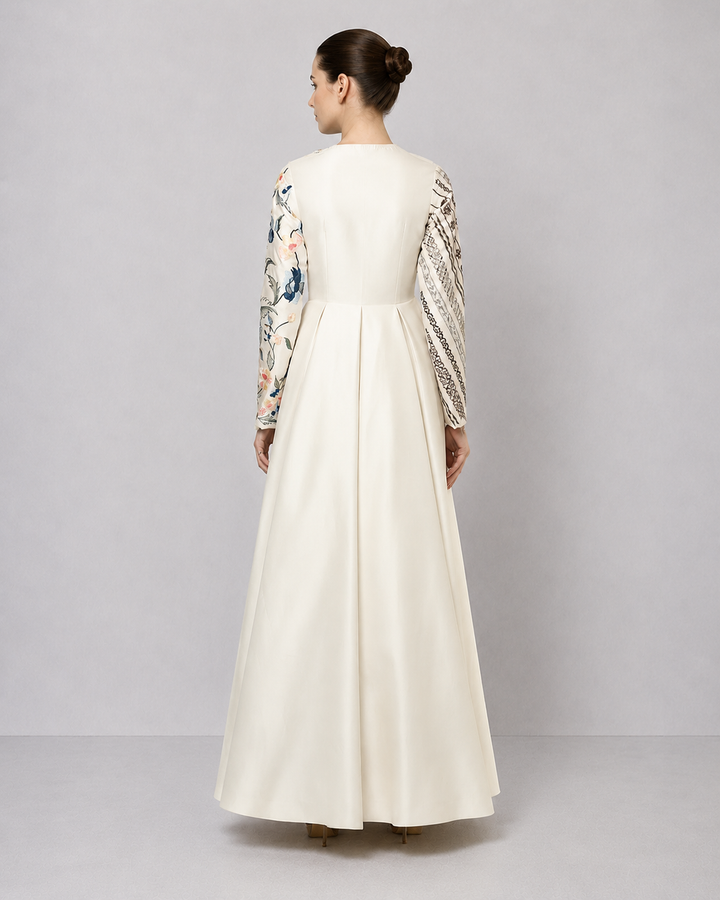 Ivory Embroidered Panel Gown With Asymmetrical Drape Detailing.