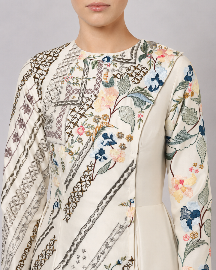 Ivory Embroidered Panel Gown With Asymmetrical Drape Detailing.