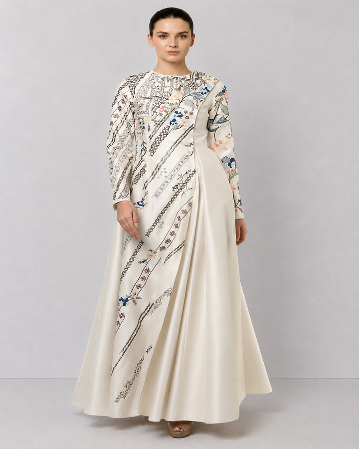 Ivory Embroidered Panel Gown With Asymmetrical Drape Detailing.